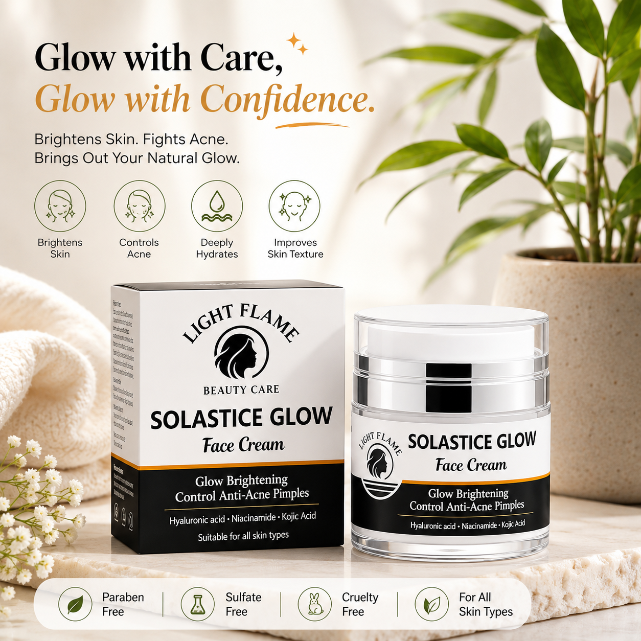 Solastice Glow Face Cream – Glow Brightening & Anti-Acne Moisturizer | Light Flame Beauty Care
