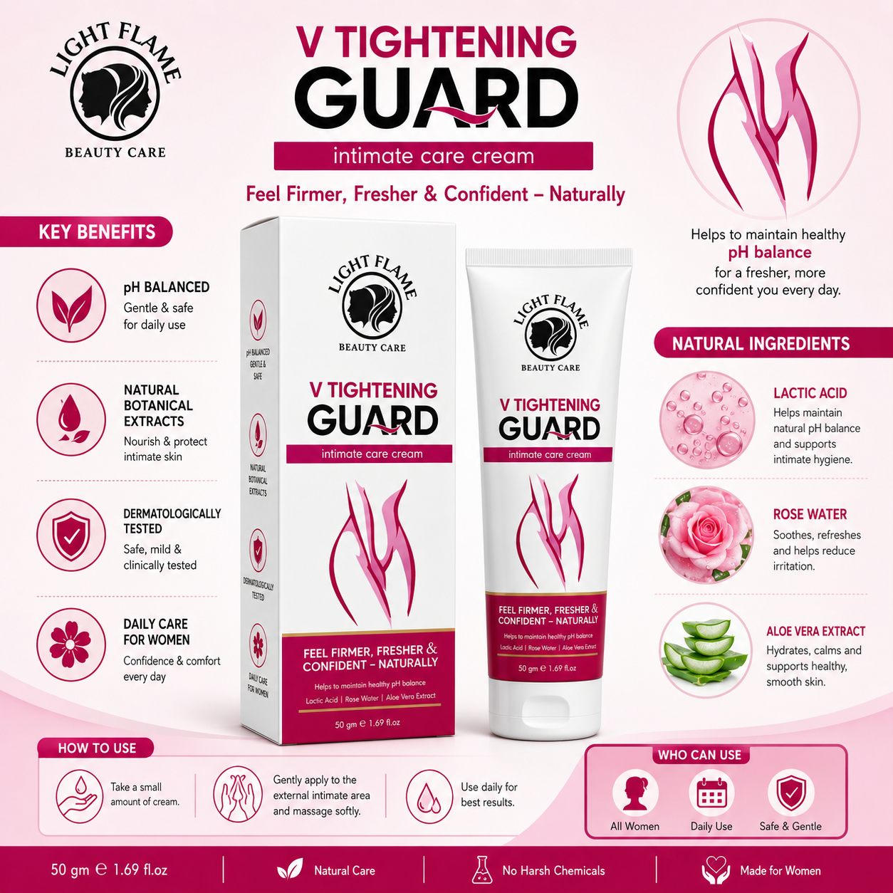 Light Flame V Tightening Guard Intimate Care Cream – pH Balanced Feminine Wellness & Hygiene Cream (50g)
